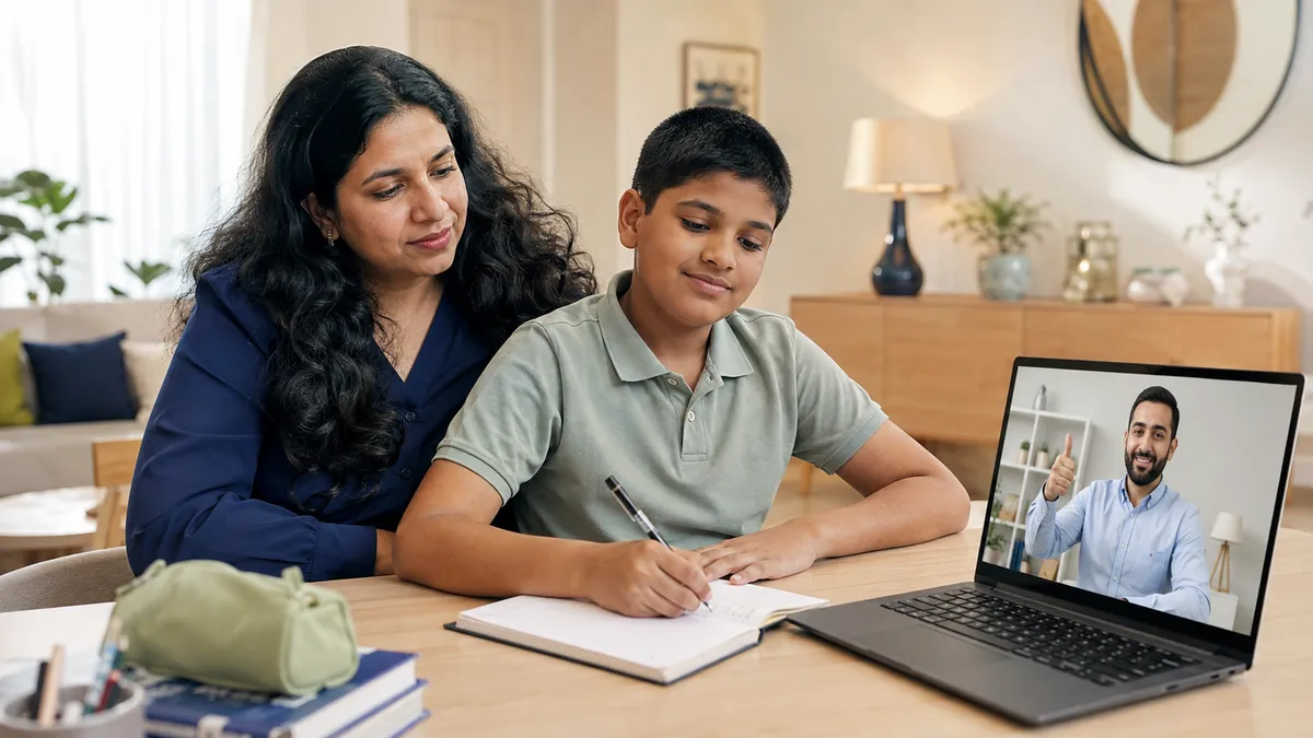 A parent supporting her child during an online tutoring lesson